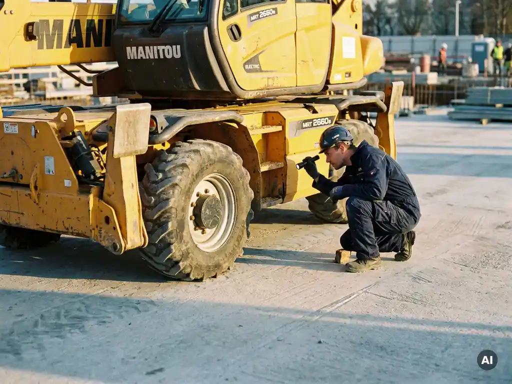 Technicus in werkoverall inspecteert het onderstel van een gele Manitou elektrische verreiker op een betonnen bouwplaats in ochtendlicht.