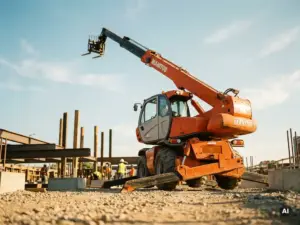 Manitou roterende verreiker met volledig uitgestrekte giek op bouwplaats, gefotografeerd van onderaf tegen een lichtblauwe lucht.