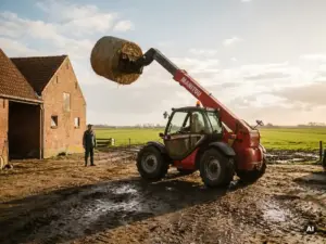 Manitou verreiker tilt hooibaal op Hollands erf, boer op veilige afstand, verweerde rode schuur en polderland op achtergrond.