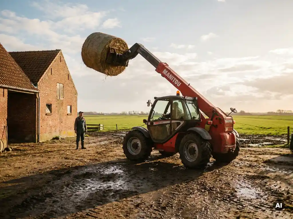 Manitou verreiker tilt hooibaal op Hollands erf, boer op veilige afstand, verweerde rode schuur en polderland op achtergrond.