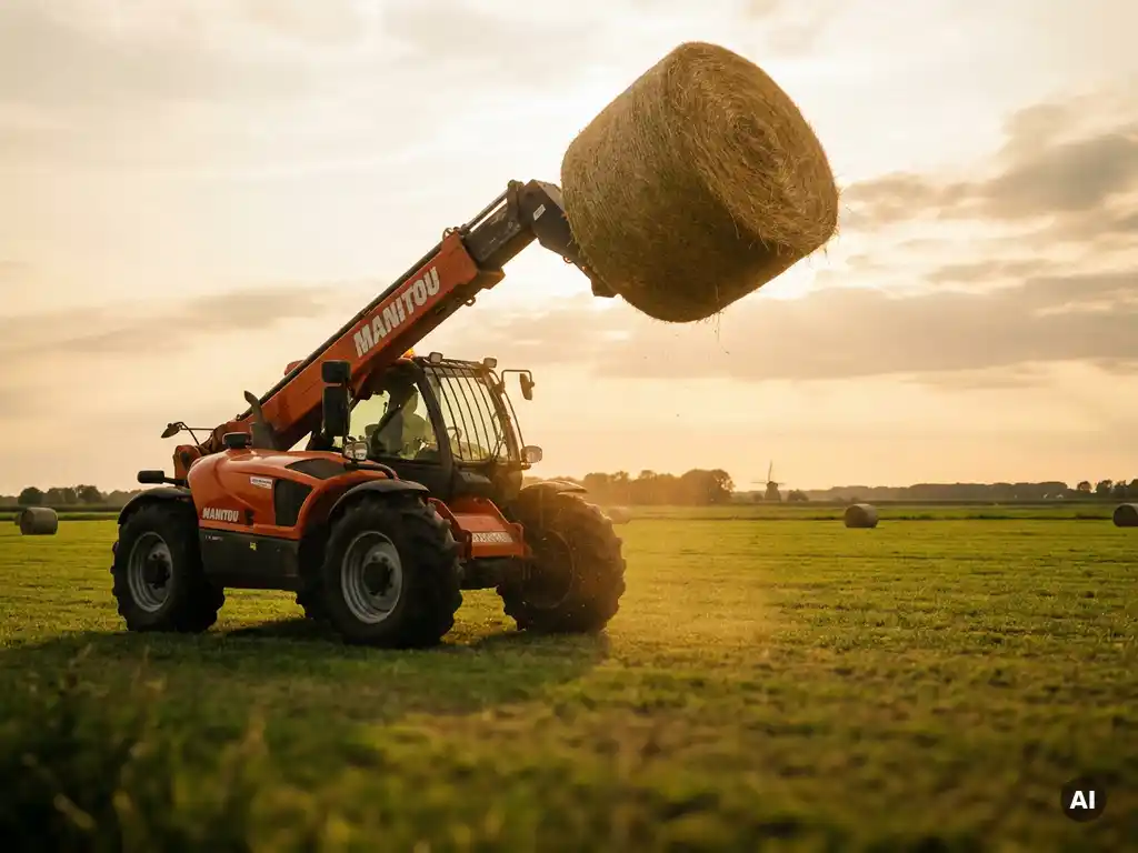 Manitou verreiker tilt ronde hooibaal met uitgestrekte giek boven vlak Nederlands polderlandschap in warm oogstlicht.