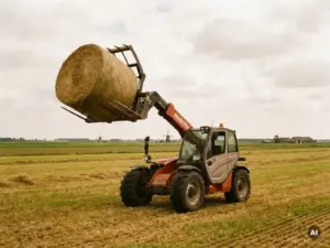 Manitou verreiker met hooivork tilt een ronde hooibaal op een vlak Nederlands polderveld met gouden stoppels.