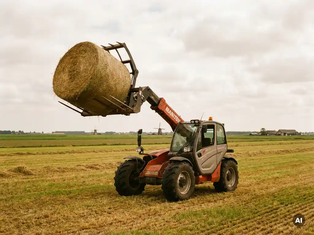 Manitou verreiker met hooivork tilt een ronde hooibaal op een vlak Nederlands polderveld met gouden stoppels.
