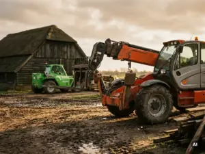 Rotaterende verreiker zwenkt zijn giek op een modderige bouwplaats in Noord-Nederland, vaste verreiker en verweerde schuur op de achtergrond.